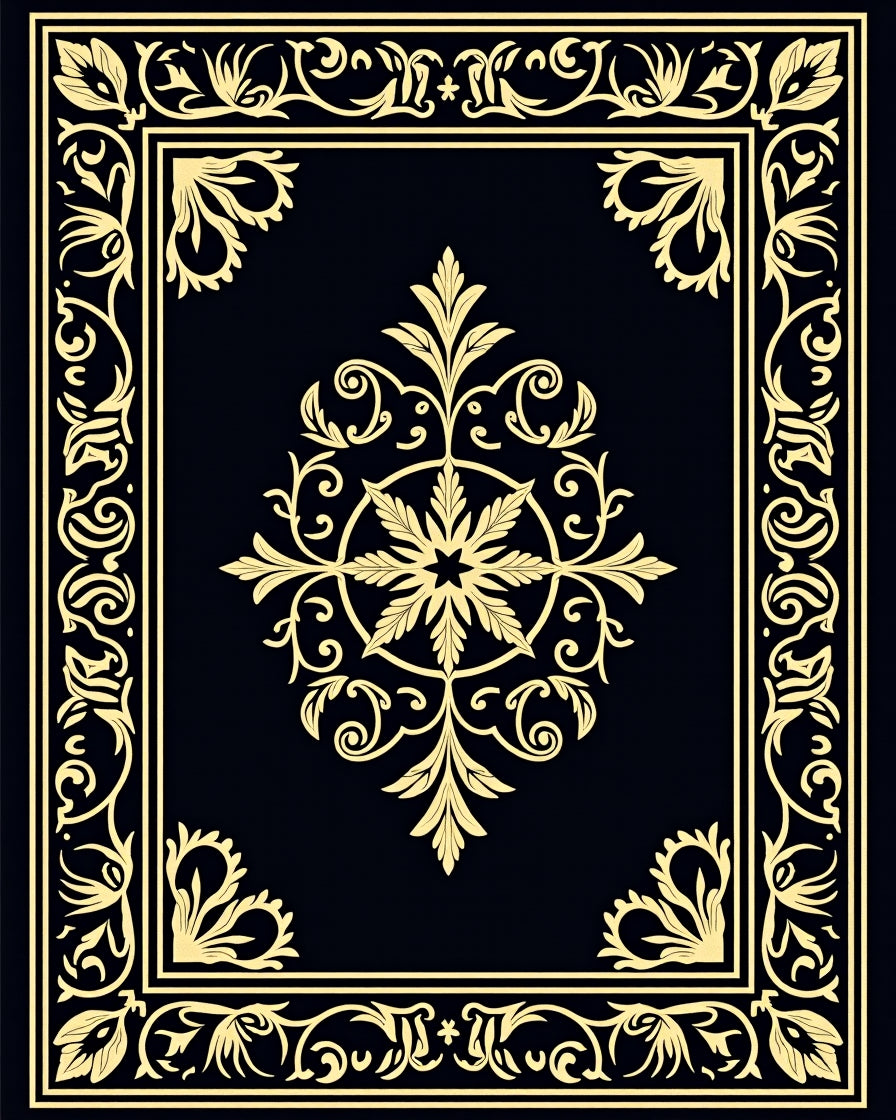 Golden Black Ornate Scrollwork Medallion Rug