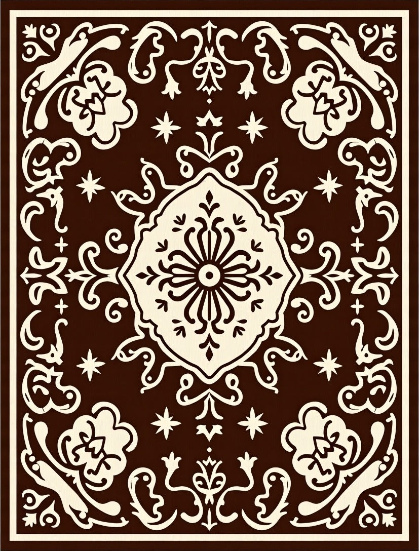 Rich Brown Ivory Medallion Floral Scroll Rug