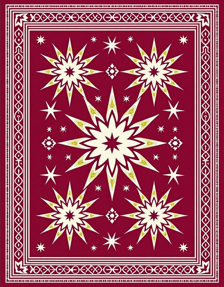 Crimson Starburst Geometric Border Rug