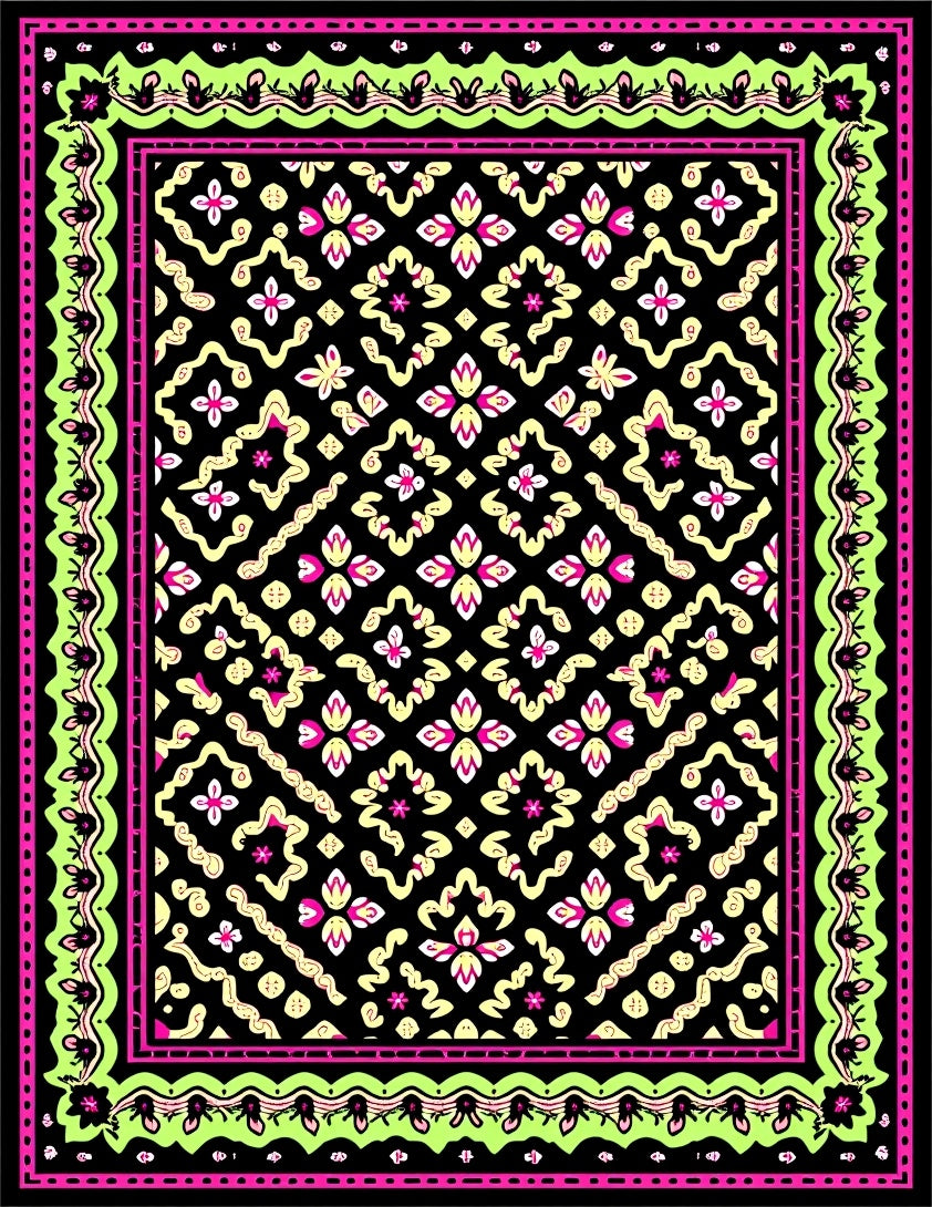 Vibrant Pink Black Floral Medallion Rug