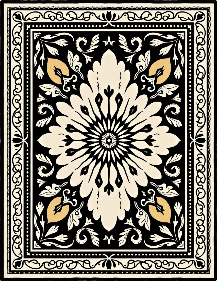 Cream Black Floral Medallion Rug