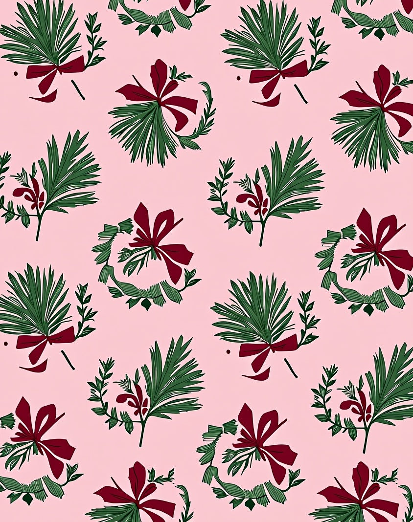 Botanical Wreath Crimson Bow Pink Background Rug