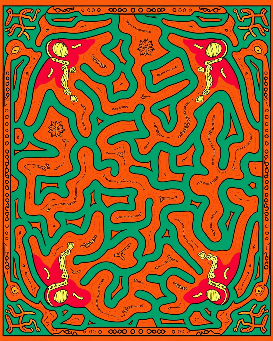 Vibrant Orange Green Tribal Maze Rug