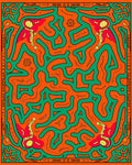 Vibrant Orange Green Tribal Maze Rug