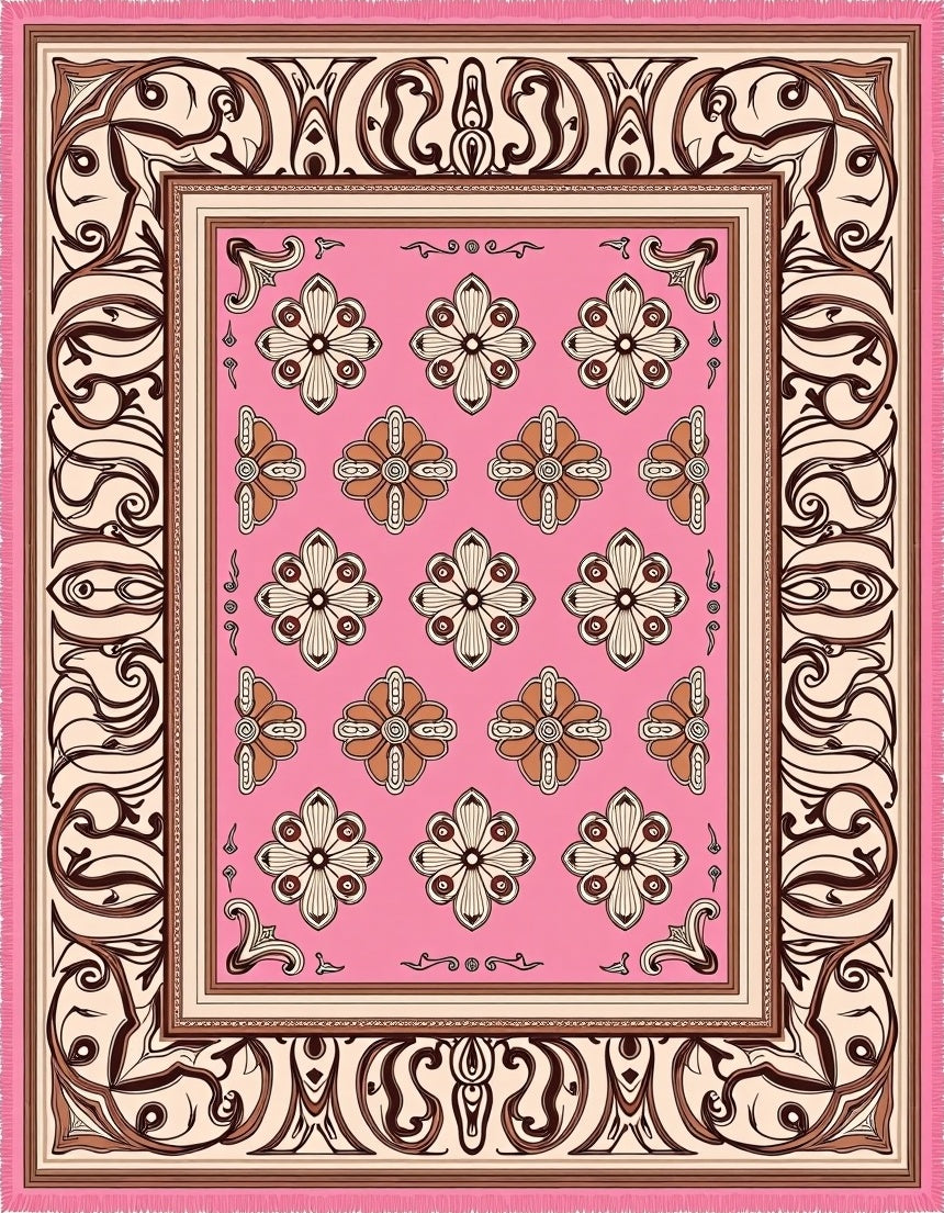 Pink Floral Medallion Frame Rug