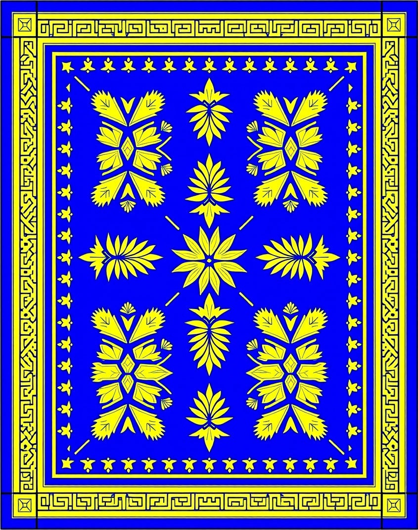 Bold Blue Yellow Floral Medallion Rug