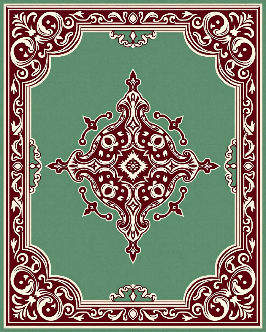 Deep Red Ivory Floral Border Rug