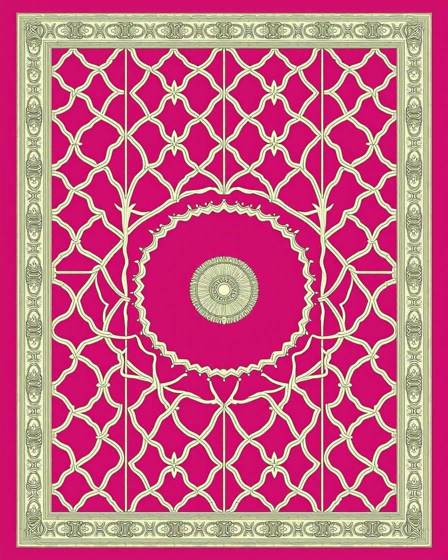 Ornate Golden Trellis Medallion Fuchsia Rug