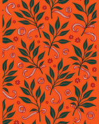 Vibrant Orange Green Leaf Swirl Rug