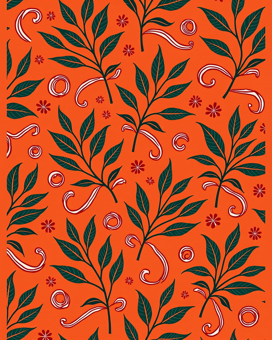 Vibrant Orange Green Leaf Swirl Rug