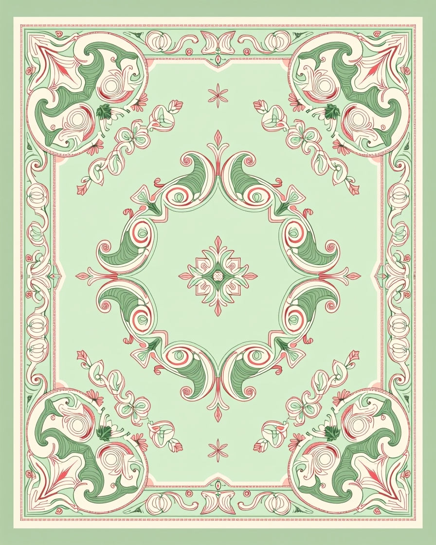 Vintage Green Coral Swirl Scroll Rug