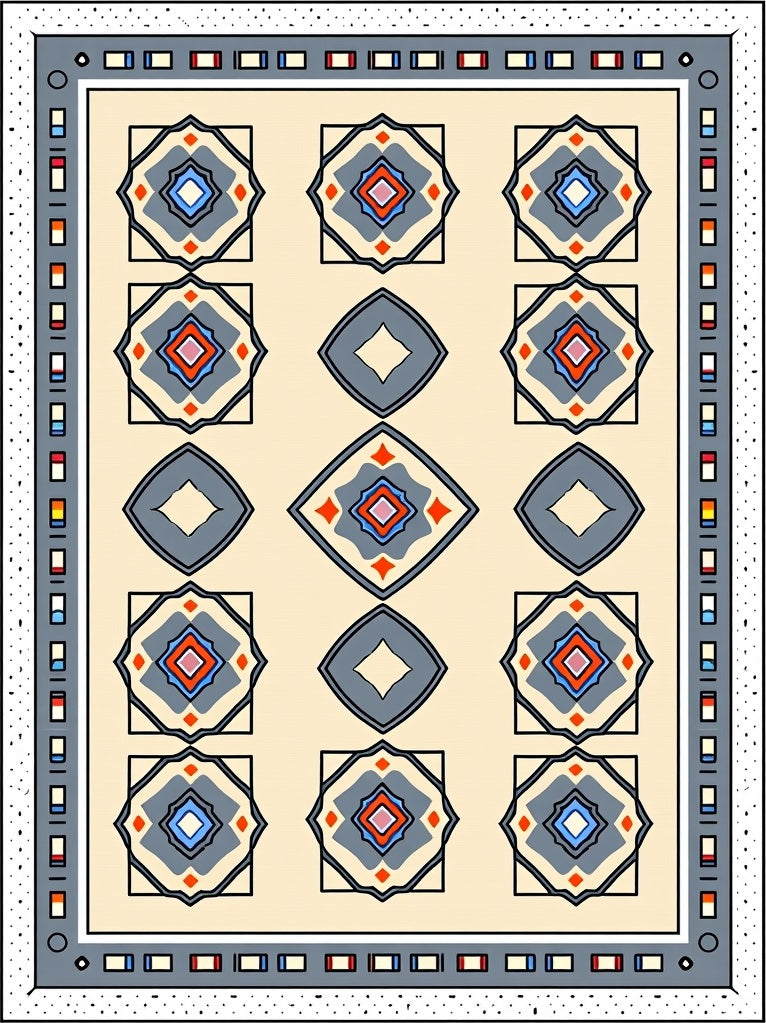 Cream Geometric Medallion Border Rug