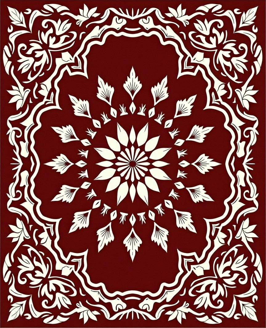 Crimson Ornate Leaf Mandala Rug