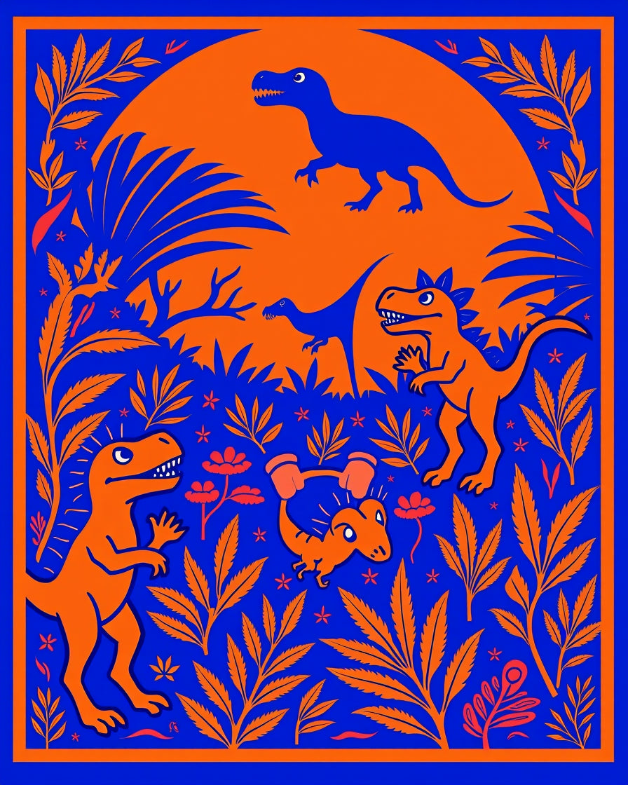 Bold Blue Orange Dinosaur Jungle Rug