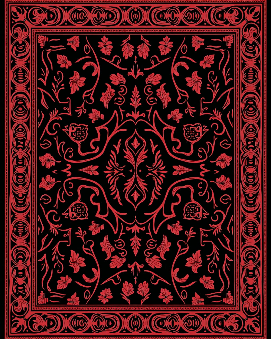 Rich Red Floral Scroll Border Rug