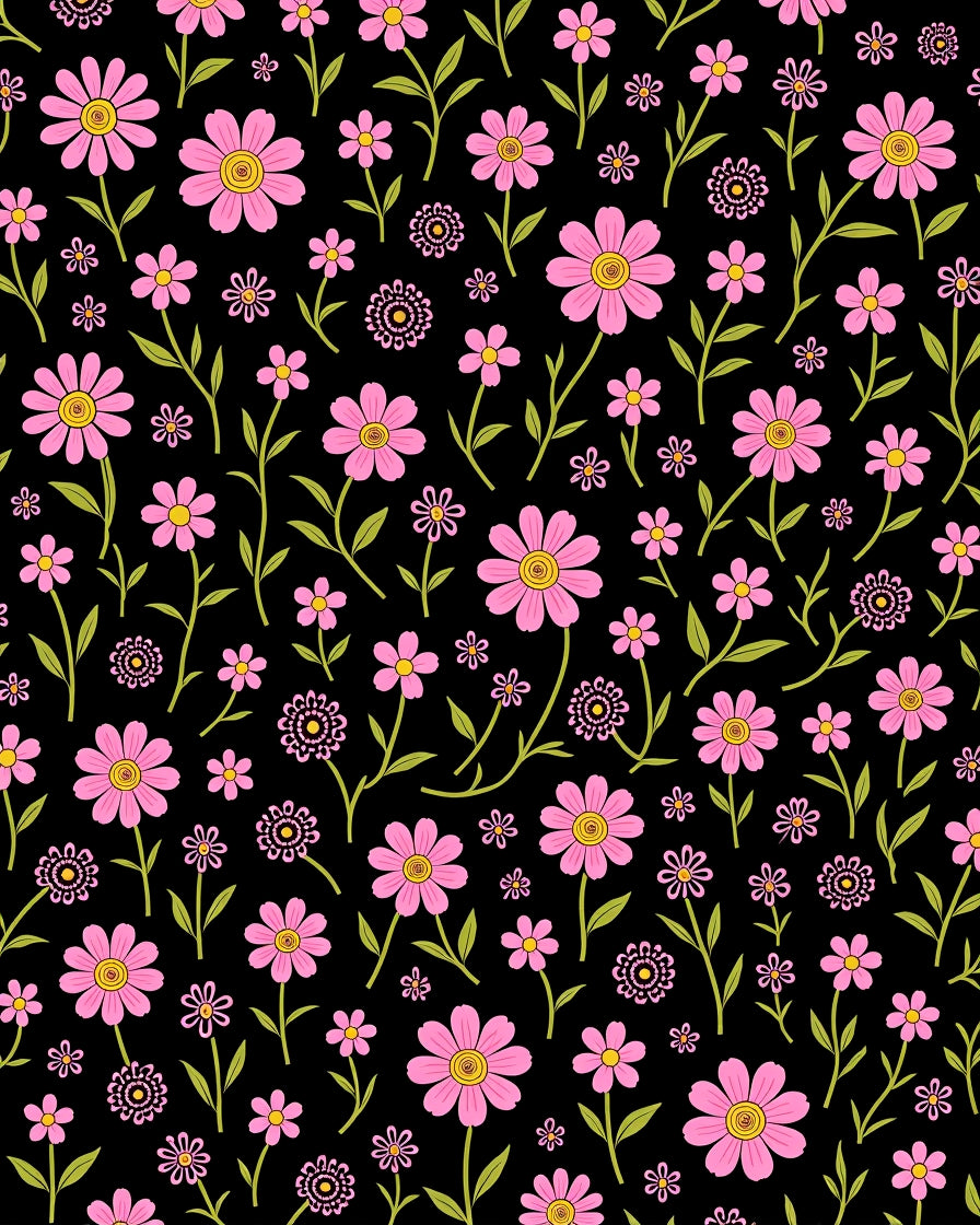 Pink Daisy Meadow Floral Black Rug