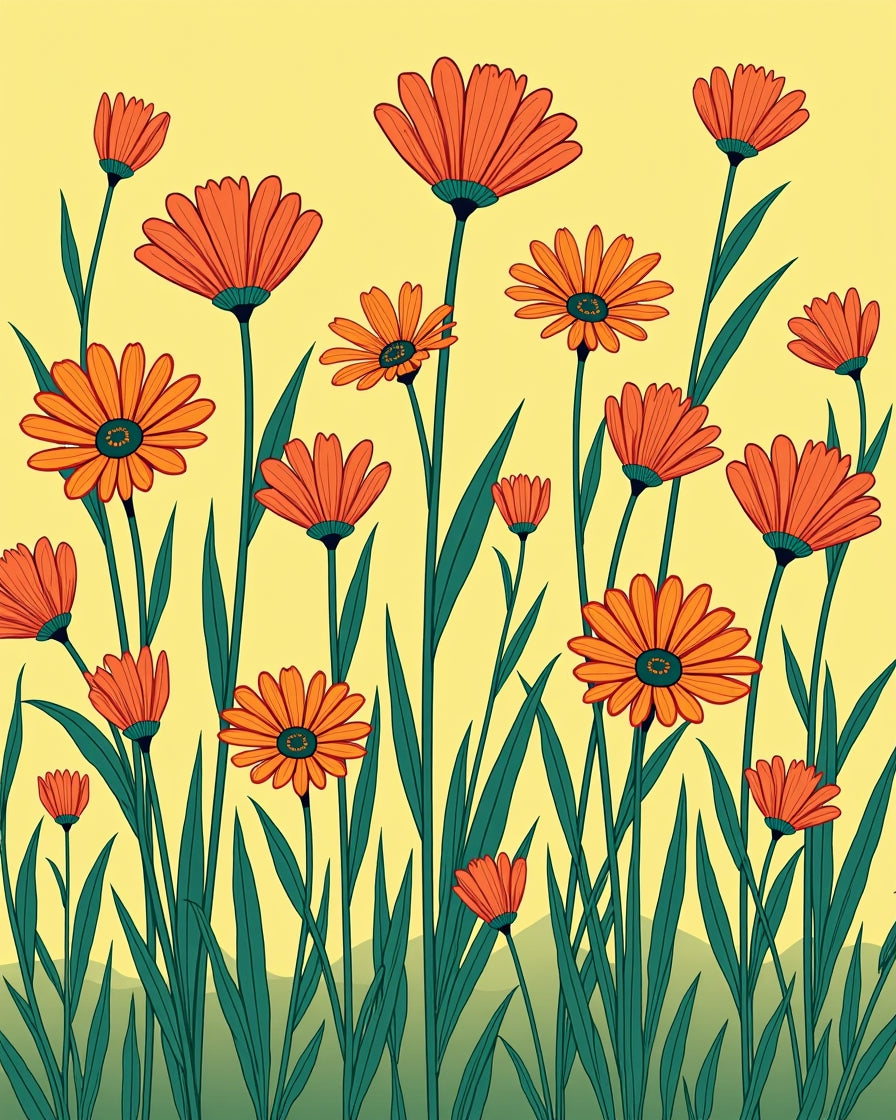 Orange Daisy Field Yellow Background Rug
