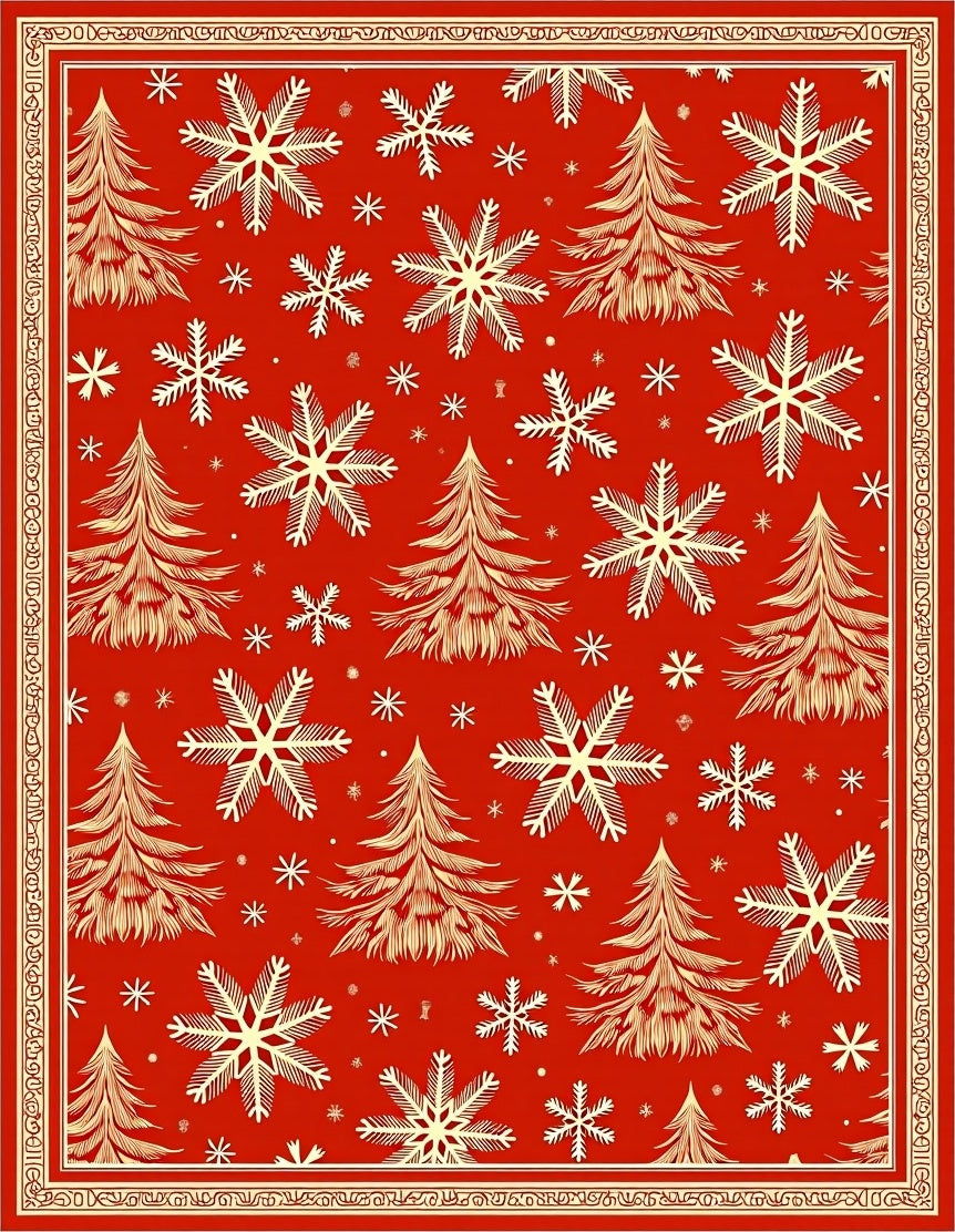 Crimson Snowflakes Fir Tree Border Rug