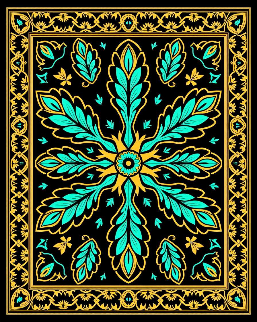 Black Teal Gold Floral Medallion Border Rug