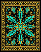 Black Teal Gold Floral Medallion Border Rug