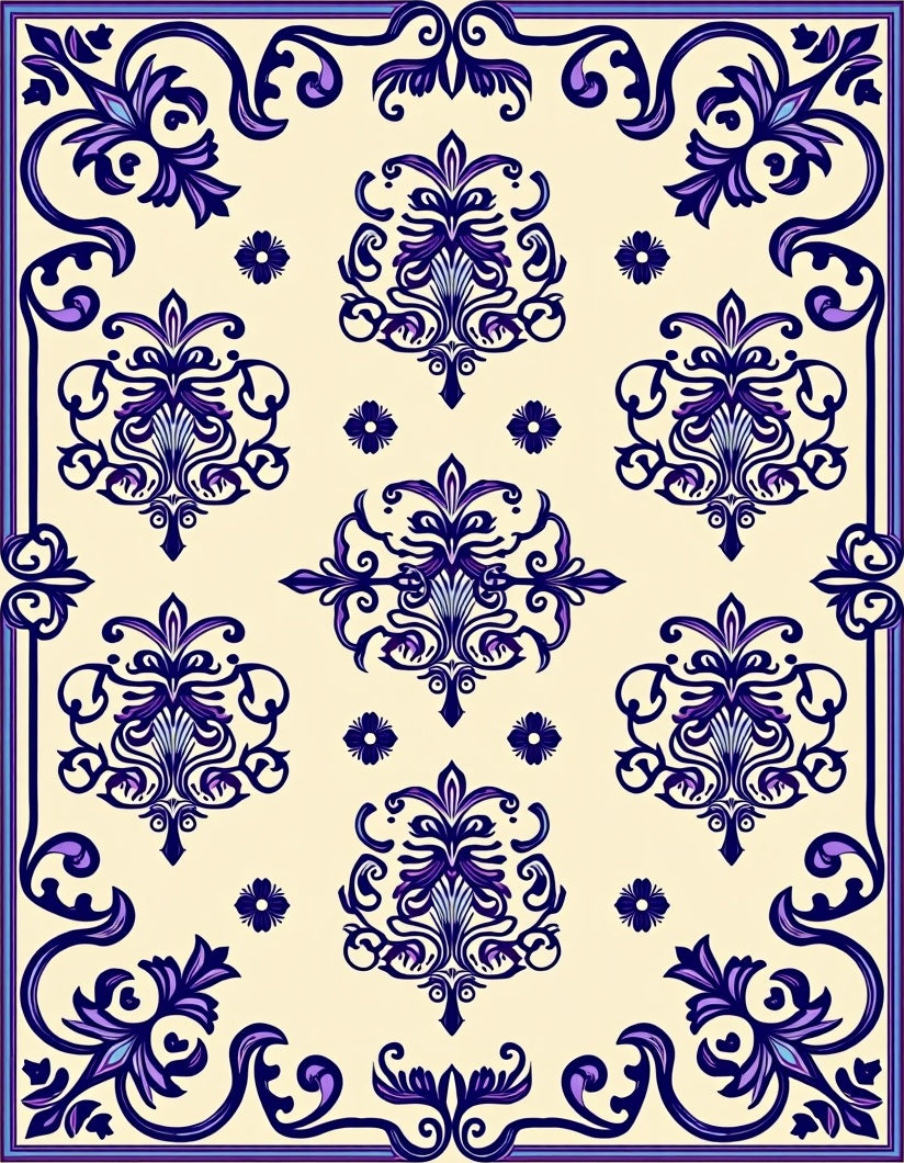 Cream and Royal Purple Damask Flourish Rug