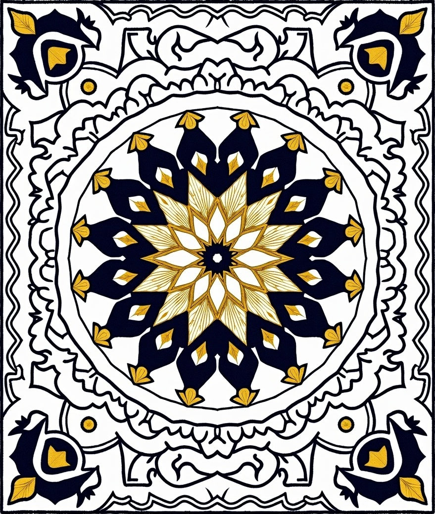 Navy Gold Geometric Mandala Medallion Rug