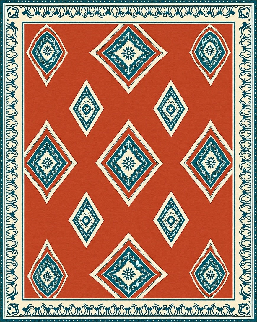 Terracotta Diamond Medallion Border Rug