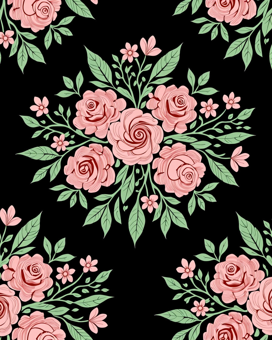 Pink Roses Lush Foliage Black Rug