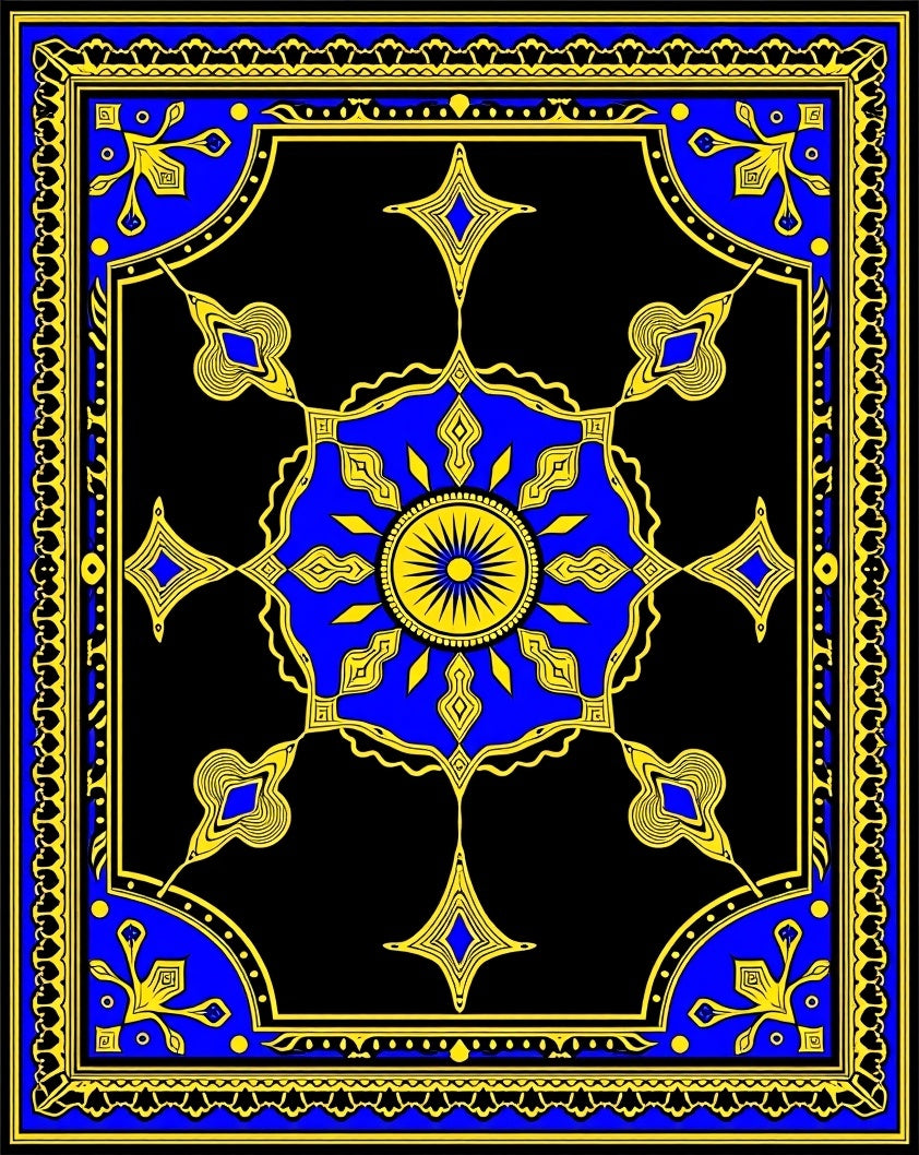 Royal Blue Yellow Sunburst Medallion Rug
