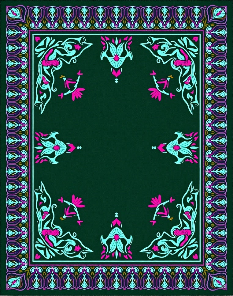 Art Nouveau Teal Pink Floral Frame Rug