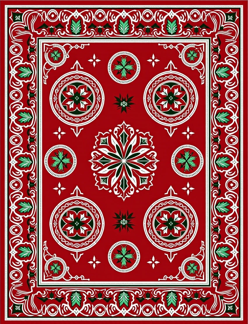 Crimson White Green Medallion Mandala Rug