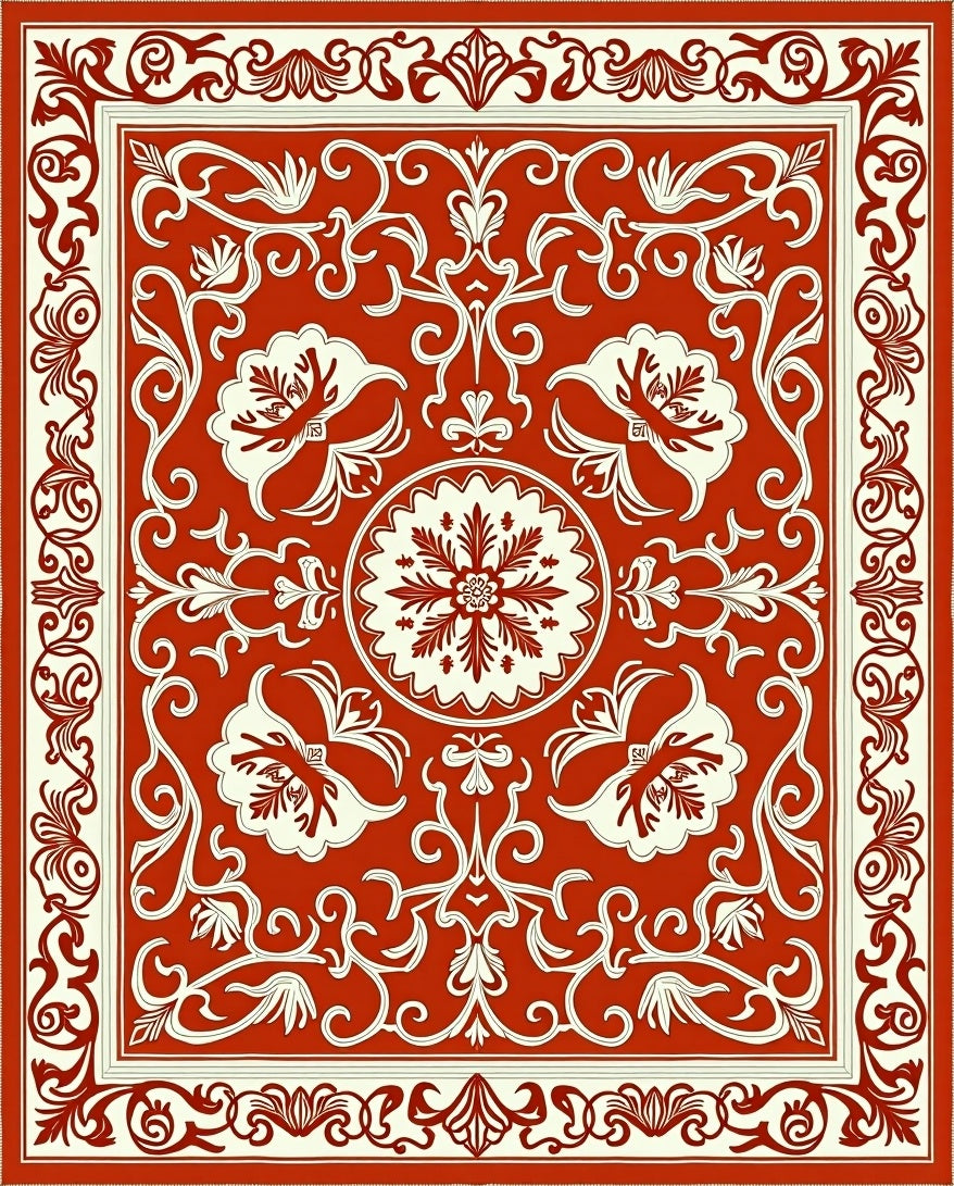 Scarlet Cream Floral Medallion Border Rug