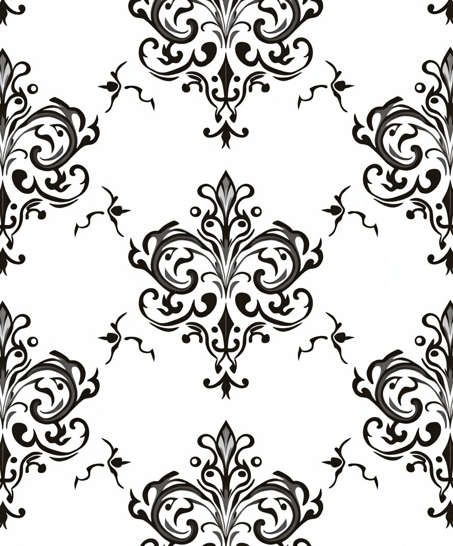 Black White Damask Scrollwork Accents Rug