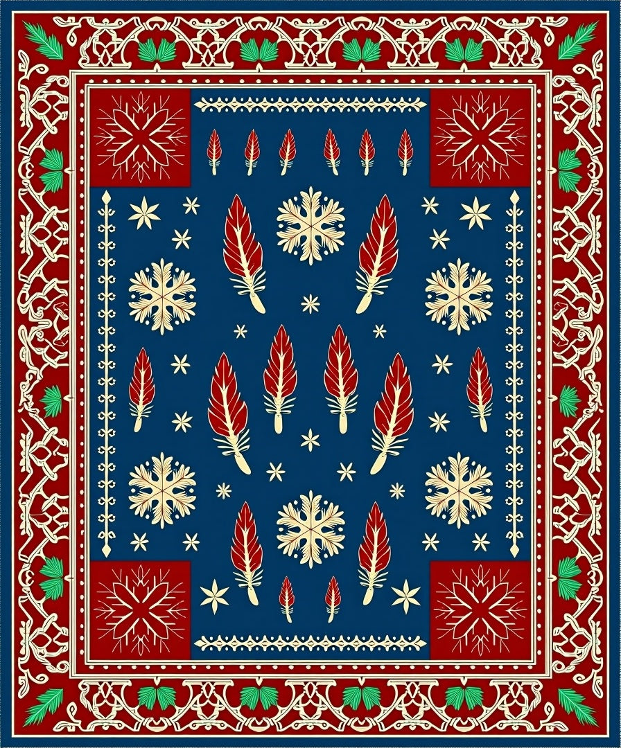Deep Blue Red Feather Snowflake Border Rug