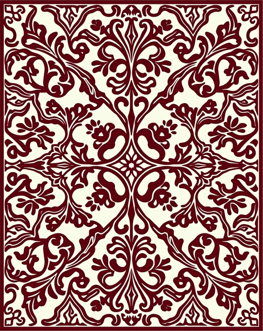 Deep Burgundy Floral Scrollwork Rug