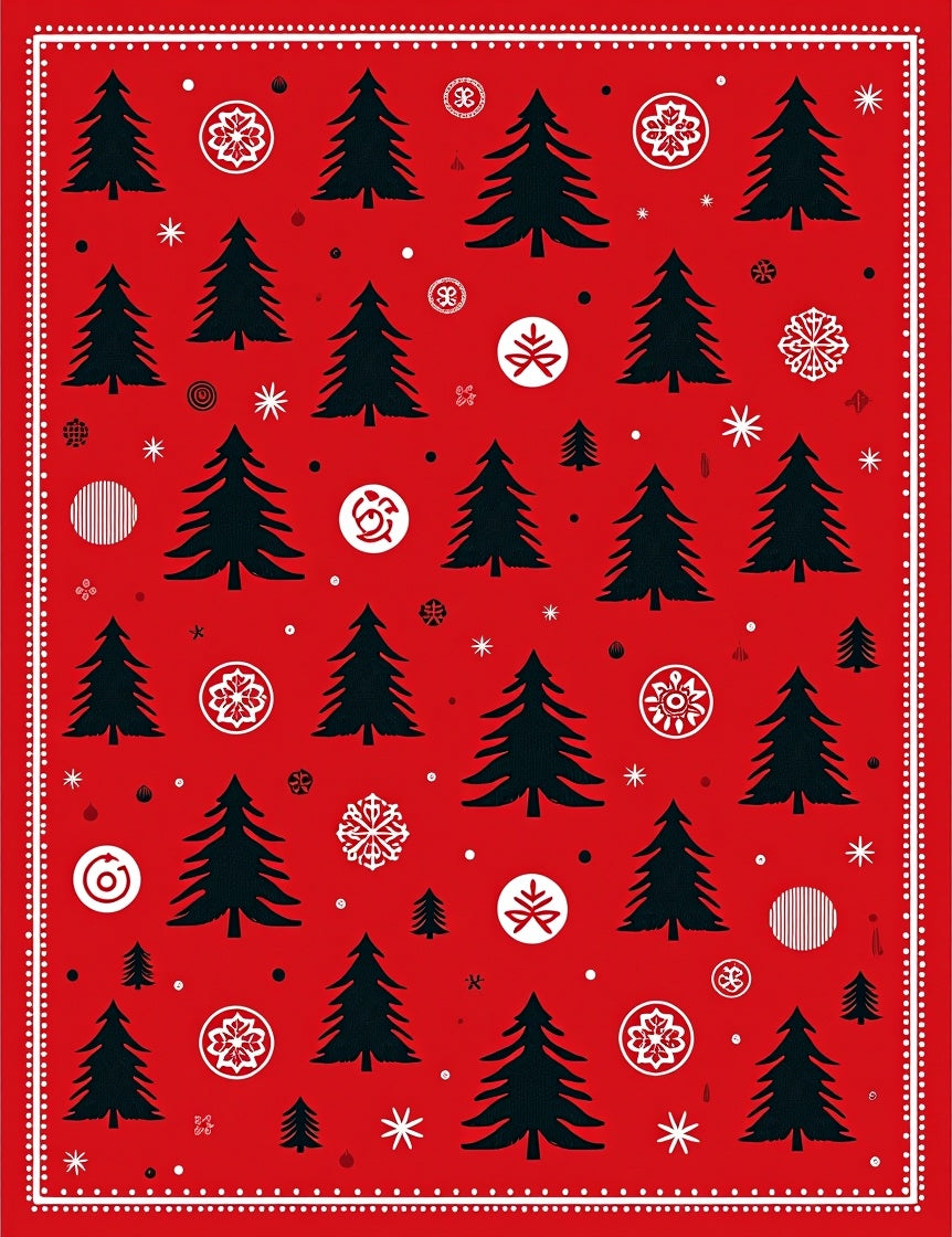 Red Black Christmas Tree Snowflakes Medallions Rug