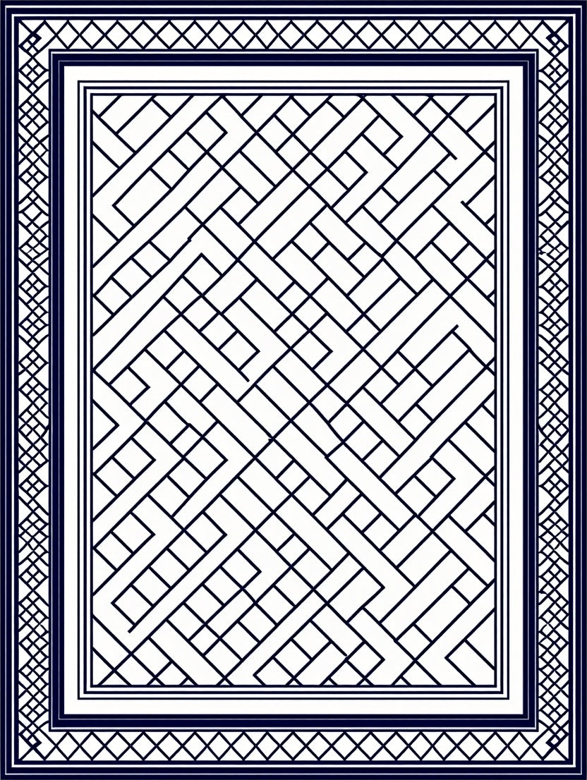 Dark Blue Lattice Geometric Border Rug