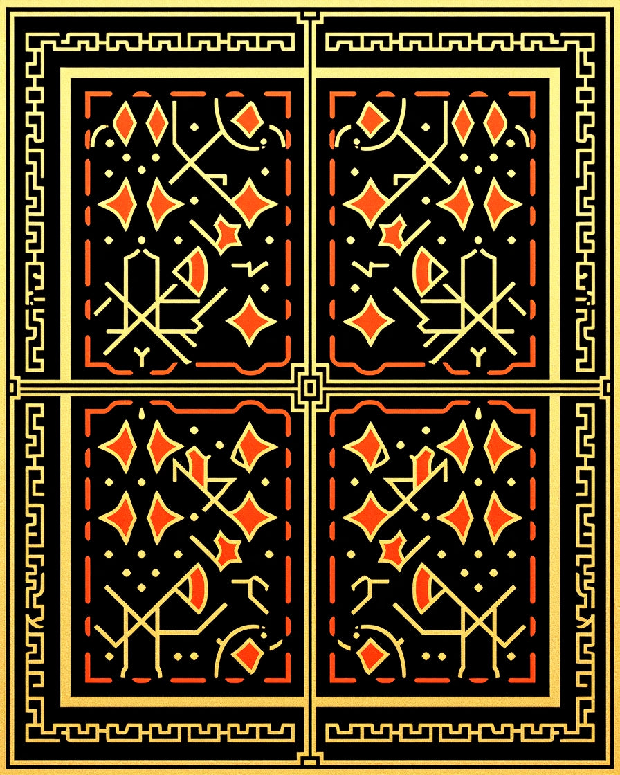 Geometric Orange Diamond Black Gold Border Rug
