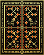 Geometric Orange Diamond Black Gold Border Rug