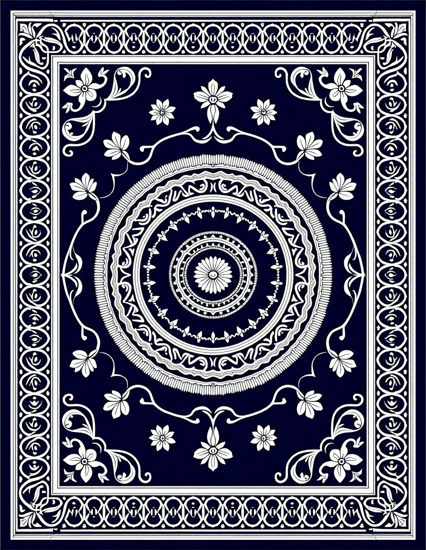 Deep Navy White Floral Medallion Rug