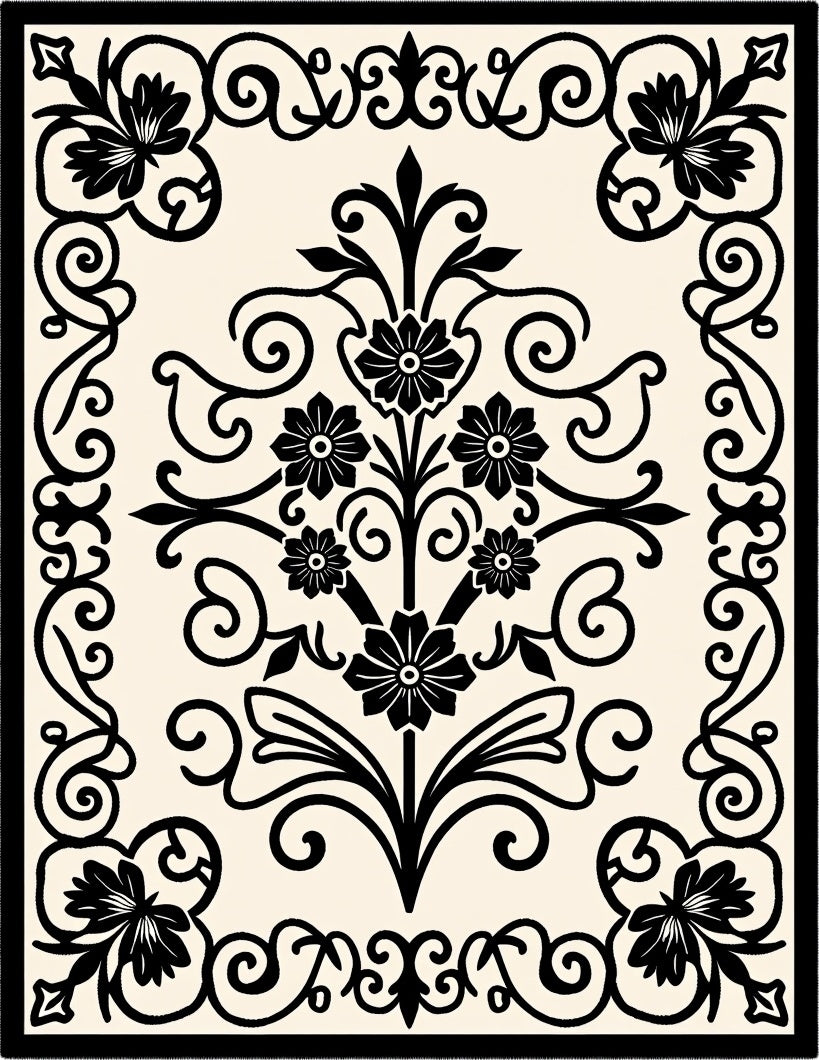 Black Ivory Floral Scrollwork Medallion Rug