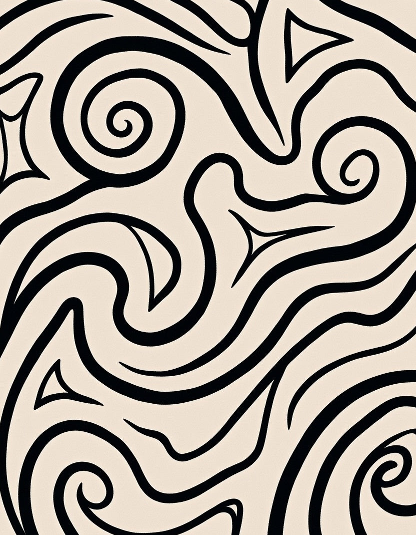 Cream Black Swirling Abstract Organic Rug