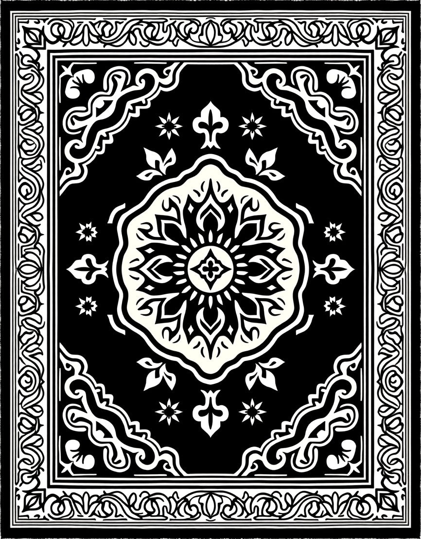 Classic Black White Medallion Border Rug
