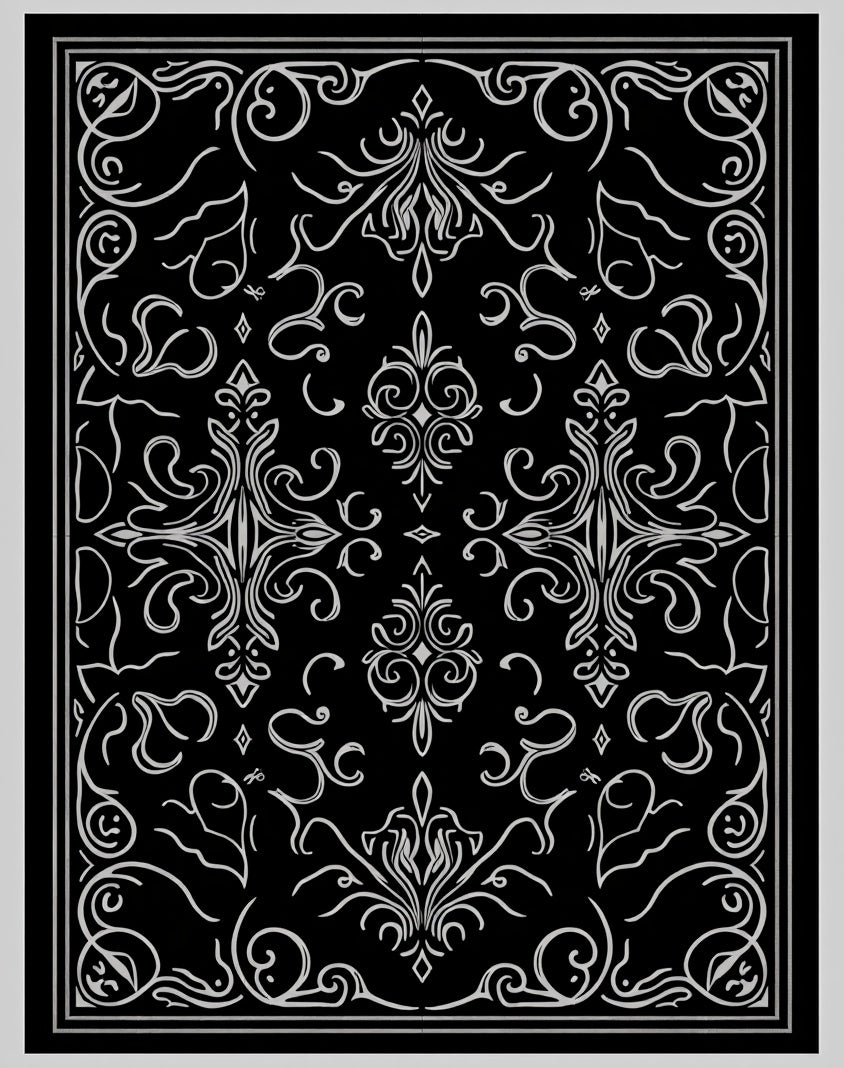 Chic Black Silver Flourishing Damask Rug