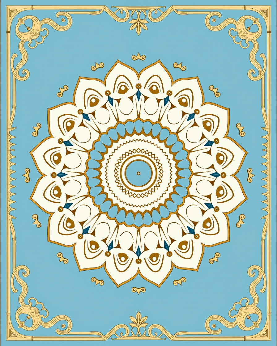 Light Blue Cream Golden Floral Mandala Rug