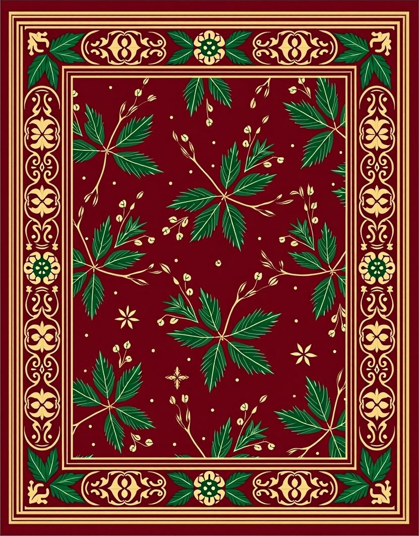Rich Burgundy Green Leaf Border Rug