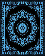 Sky Blue Floral Medallion Black Rug