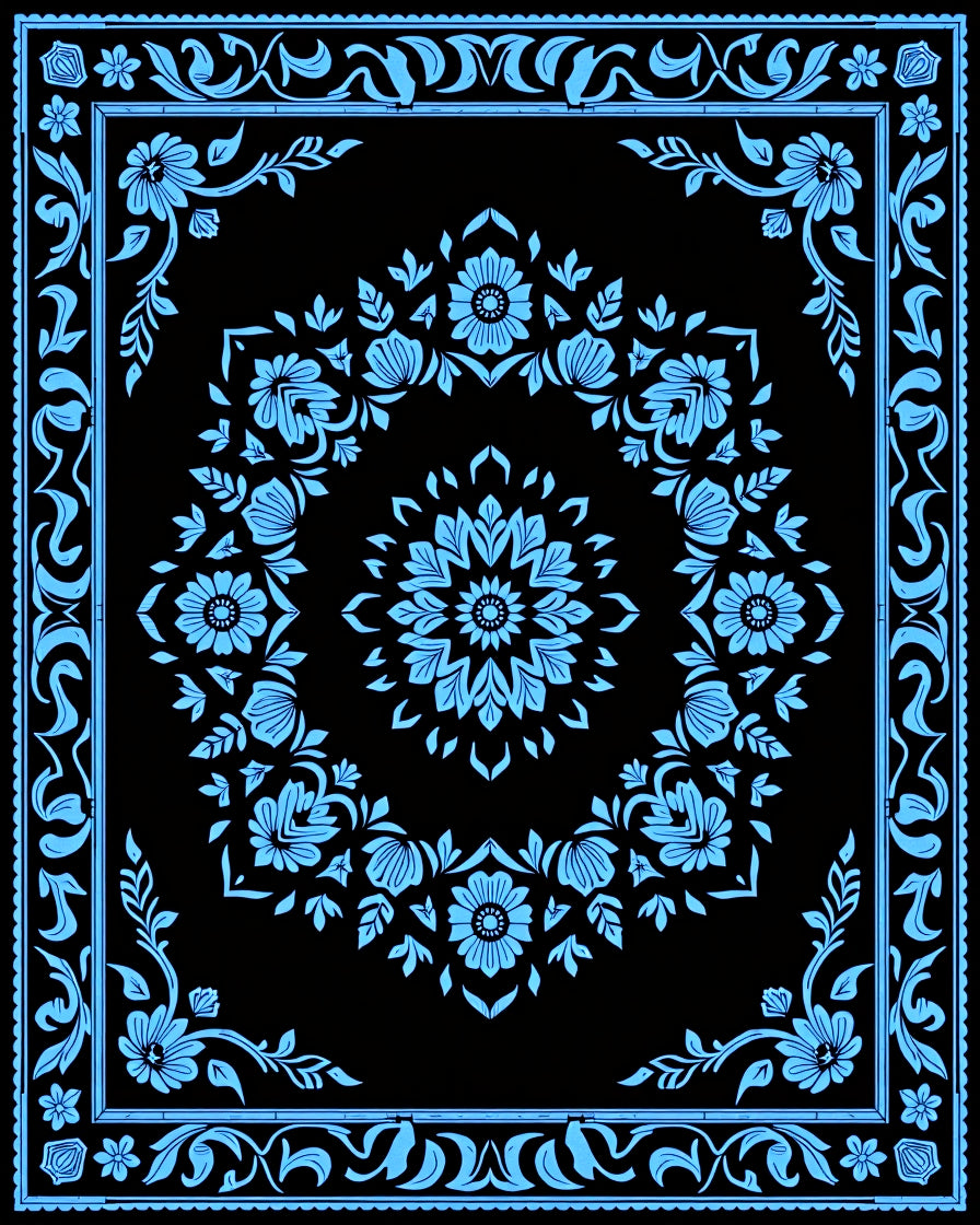 Sky Blue Floral Medallion Black Rug