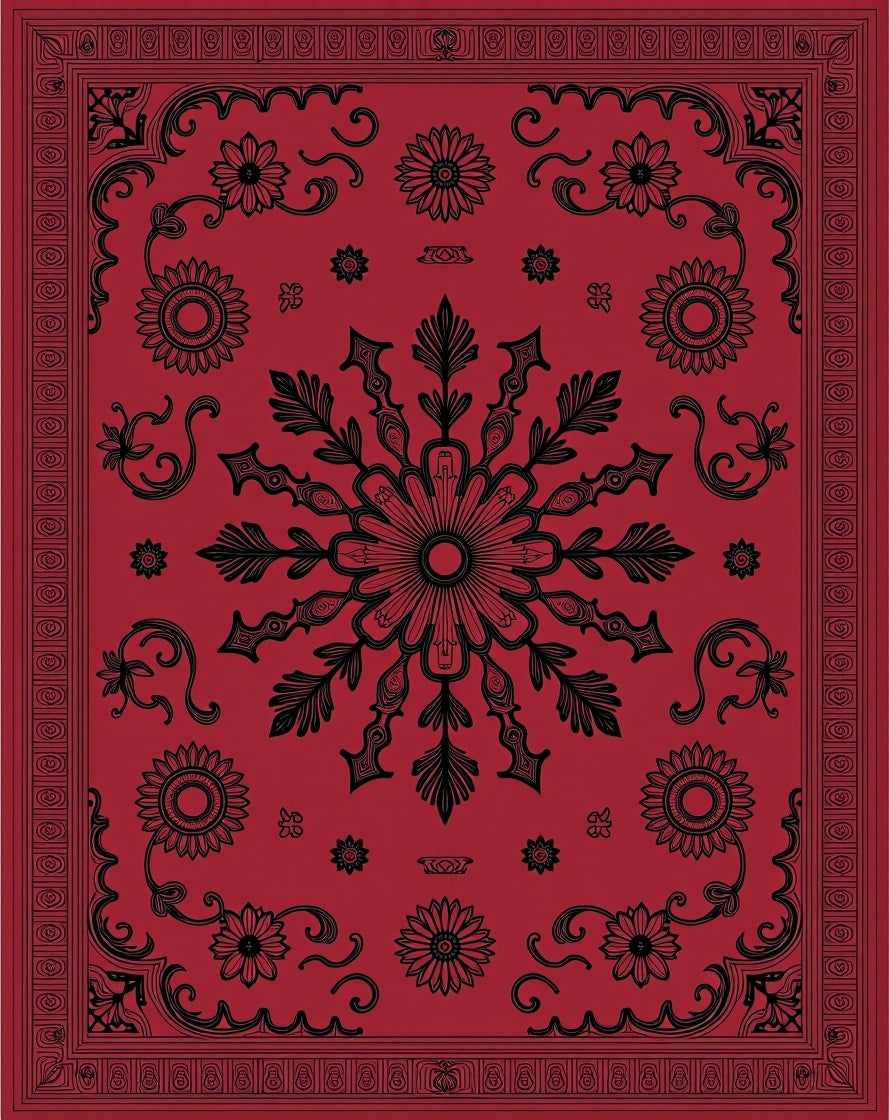 Rich Crimson Black Floral Medallion Swirl Rug