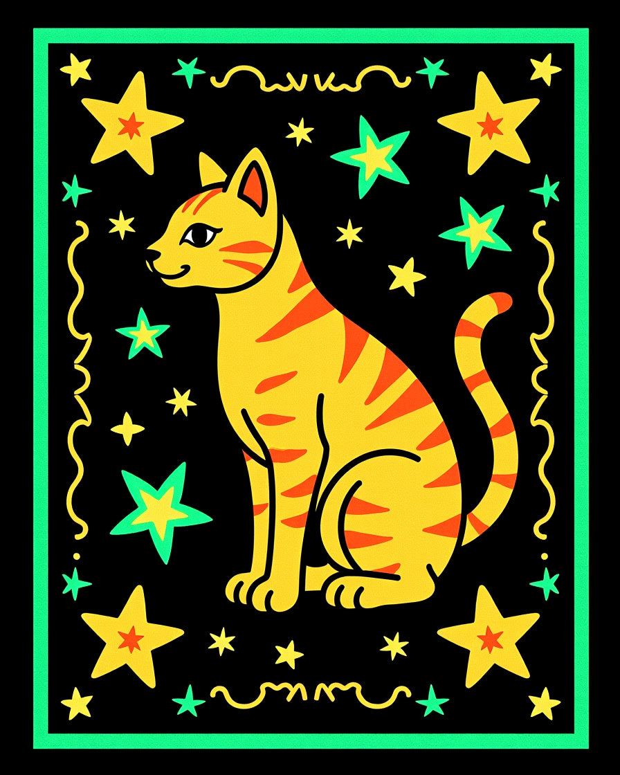 Yellow Tabby Cat Stars Border Rug